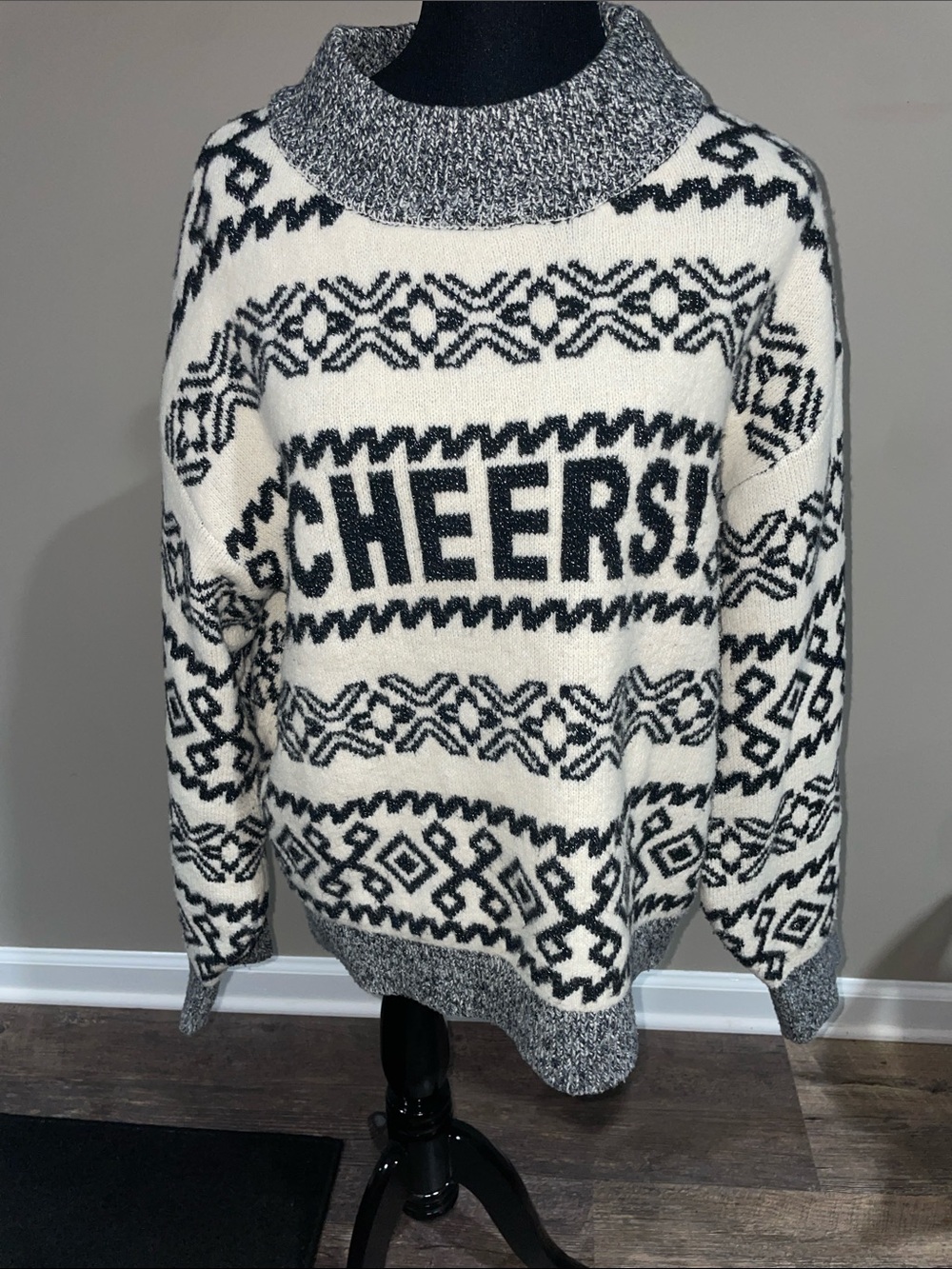 a new day Cream and Black 'CHEERS!' Cowl Neck Sweater